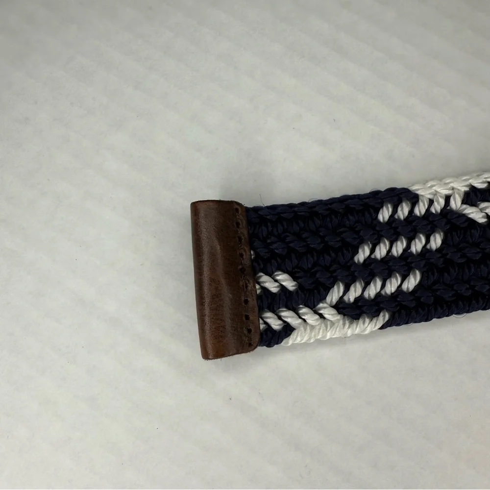 Navy and White Braided Belt with Brown Accents